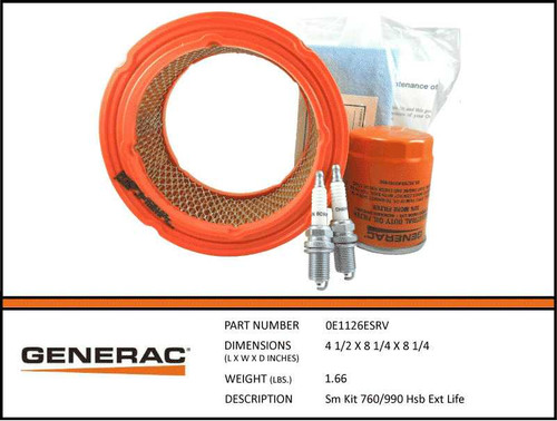 Generac 0E1126ESRV Generator Maintenance Kit with Specs