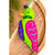 Green felt partridge ornament with pink and purple wings, turquoise and yellow embroidery, and a yellow beak, resting beside evergreen branches.