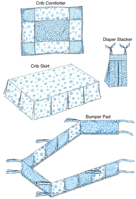K3685 Crib Comforter Skirt Fitted Sheet Bumper Pad And Diaper Stacker Kwik Sew Patterns