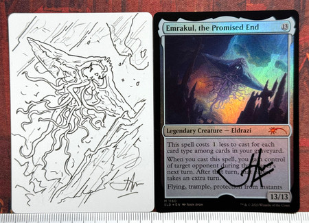 Emrakul, the Promised End Foil artist proof with drawing on rear