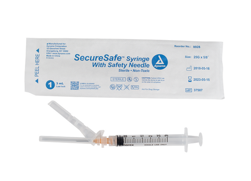 SecureSafe Syringe with Safety Needle - 3cc - 25G, 5/8" needle