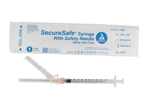 SecureSafe Syringe with Safety Needle - 1cc - 25G, 5/8" needle