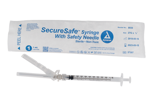 SecureSafe Syringe with Safety Needle - 1cc - 27G, 1/2" needle