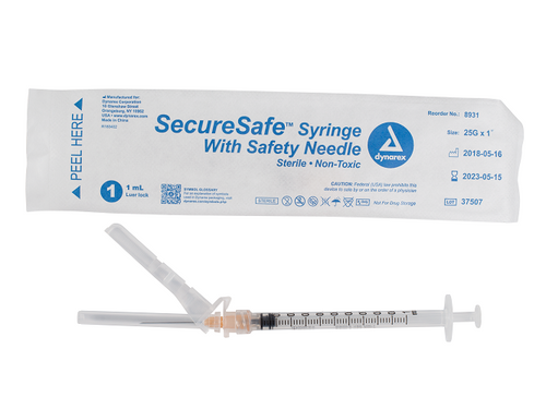SecureSafe Syringe with Safety Needle - 1cc - 25G, 1" needle