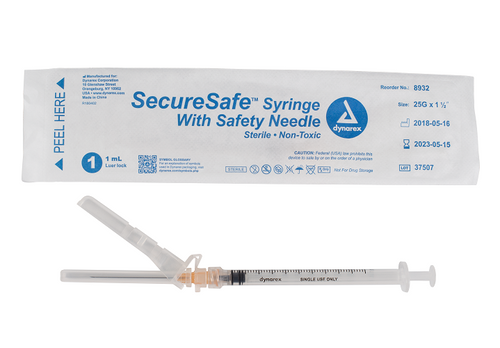 SecureSafe Syringe with Safety Needle - 1cc - 25G, 1 1/2" needle