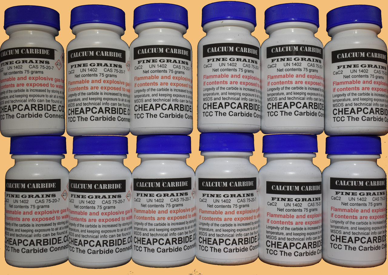 Twelve 75 gram bottles of FINE GRAINS Calcium Carbide CaC2