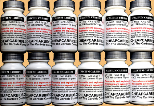 Twelve 75 gram bottles of PEA grade Calcium Carbide