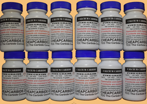 Twelve 75 gram bottles of FINE GRAINS Calcium Carbide CaC2