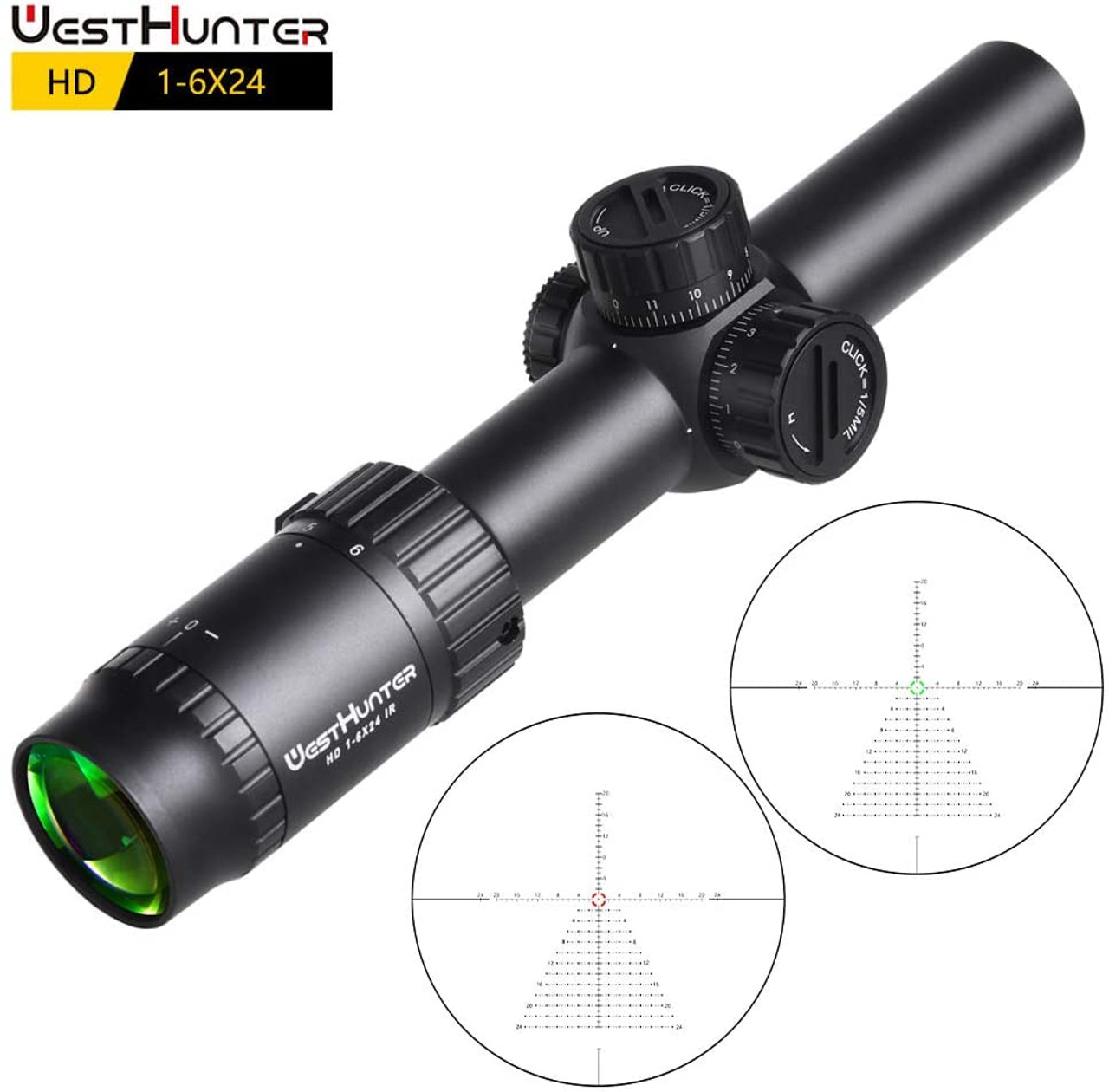 WestHunter Optics HD 1-6X24 IR Hunting Rifle Scope, 30mm Red-Green Illuminated Reticle 