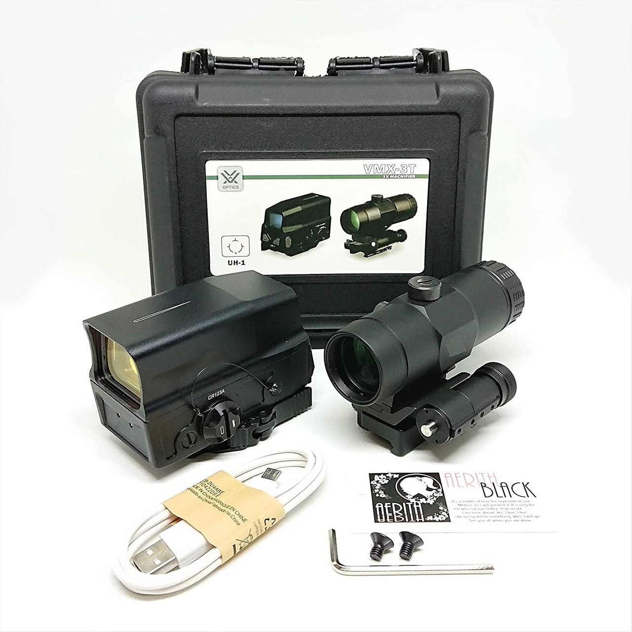 AERITH BLACK UH-1 Type with VMX 3T Type Set Replica dot Sight Magnifire 3x Booster Scope Black with Mount Spacer Engraved UH1 3T