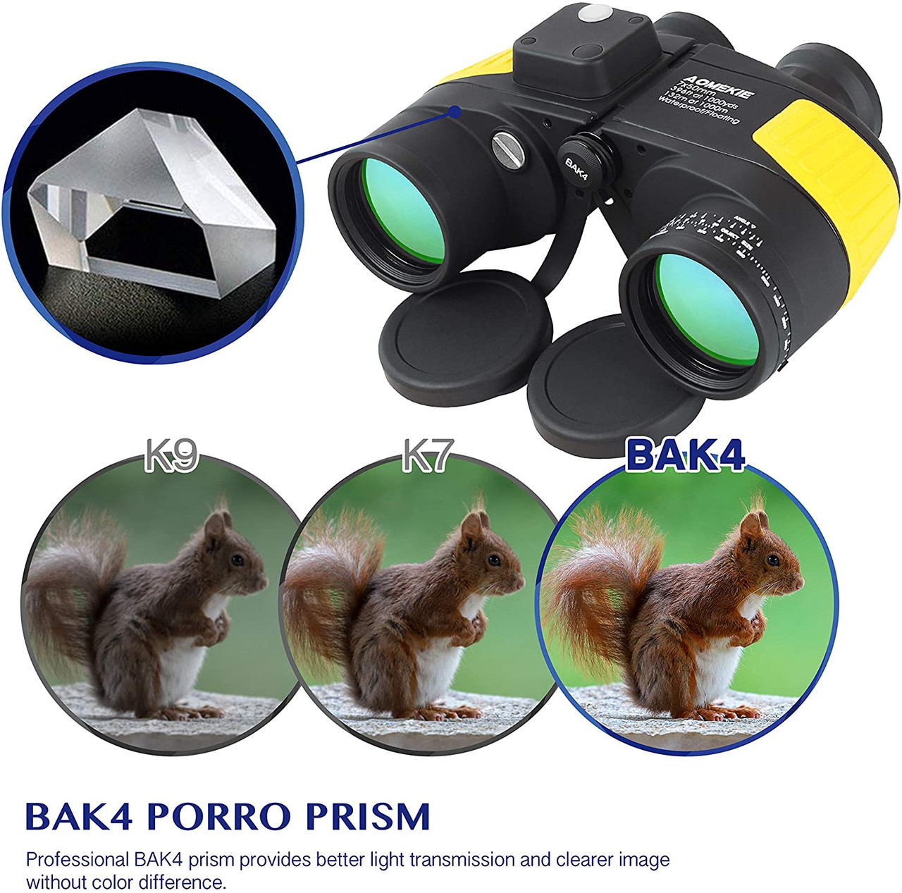 AOMEKIE Binoculars 7x50 Waterproof, Foggy proof, Rangefinder reticle,  Directional Compass, Low Light Night Vision, BAK4 porro prism Army Yellow