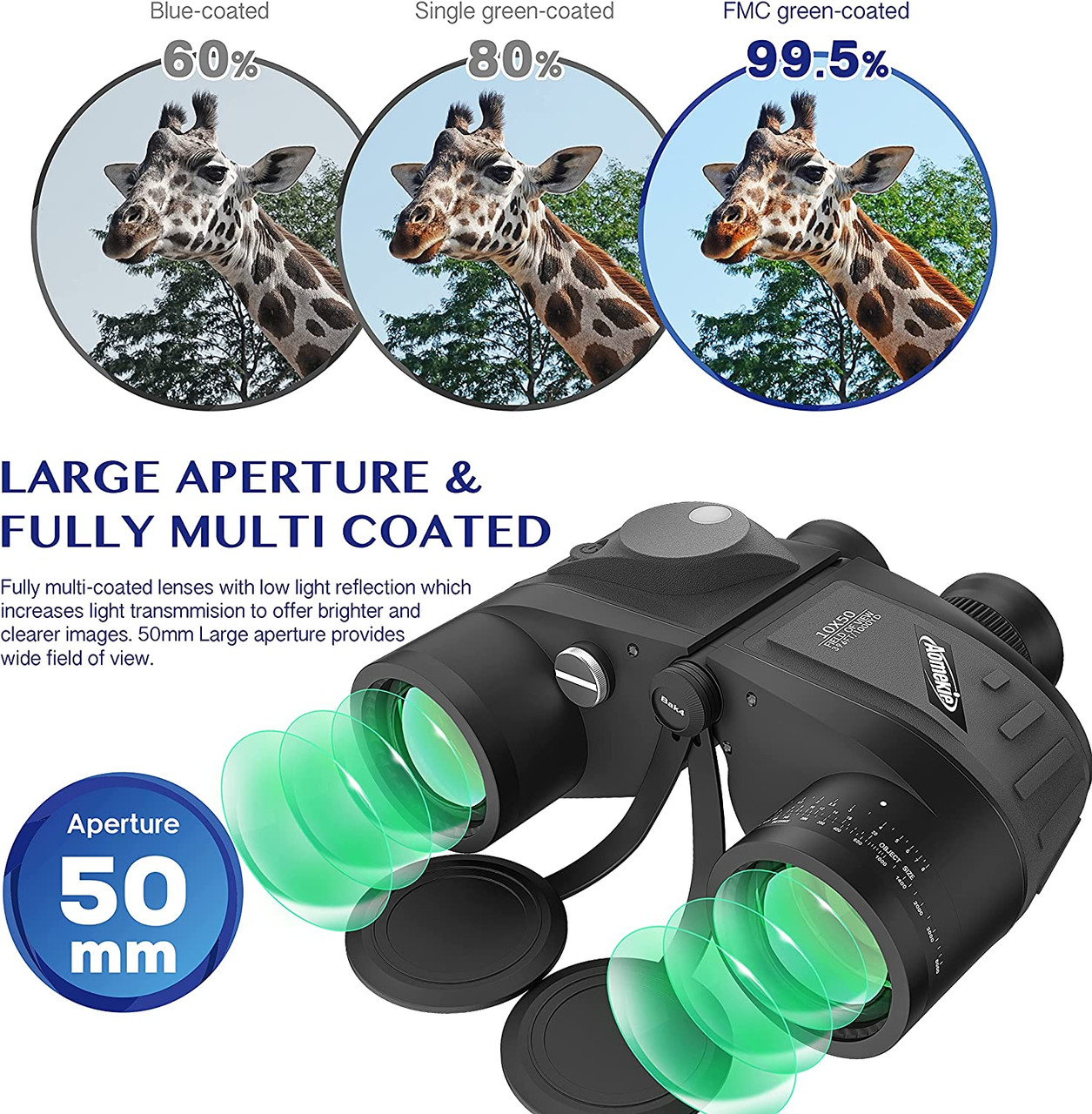 AOMEKIE Binoculars 10x50 Waterproof, Foggy Proof, Rangefinder