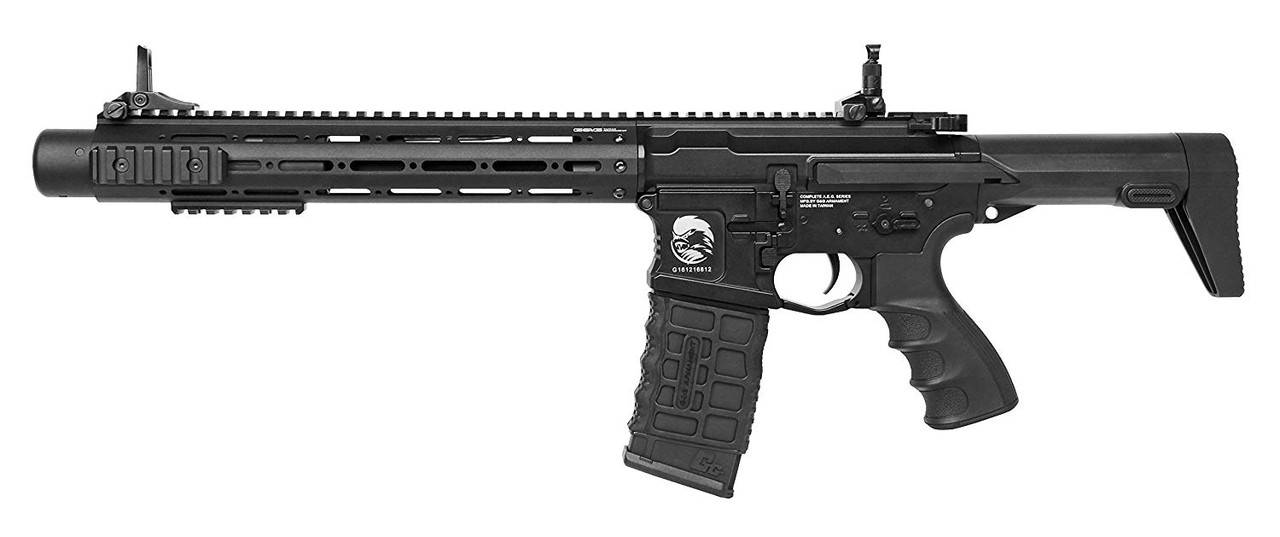 Muzzle left of G&G ARMAMENT PDW 15-AR black Airsoft electric rifle gun 