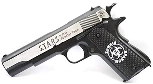 BELL M1911A1 STARS Biohazard Engraved Biomark Grip Government Gas Blowback Airsoft Gun Silver No.723L Resin Frame