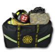 The Lightning X firefighter gear bag with wheels features a fully molded base, retractable handle, and reinforced construction for transporting full turnout gear with ease.