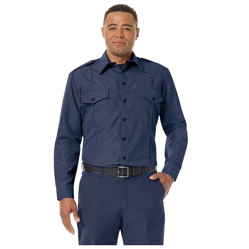 workrite mens non fr 100 percent cotton classic long sleeve fire chief shirt with model view