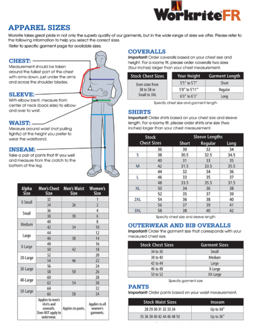 size chart for workrite mens classic 12 in cargo short