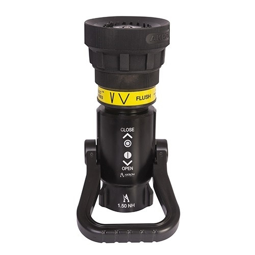 Akron Brass 1-1/2 inch NH mid-range assault nozzle connected to fire attack hose