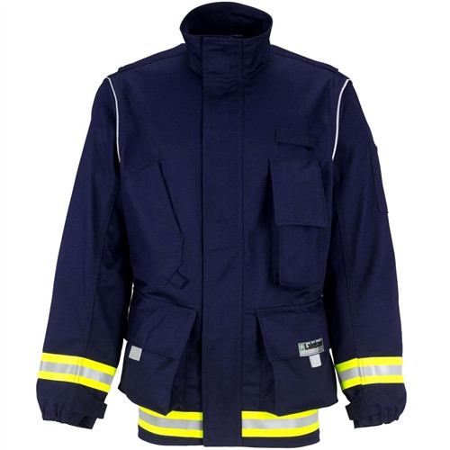 Lakeland 911 Series Extrication Coat front view in navy blue with reflective trim and FR cotton construction