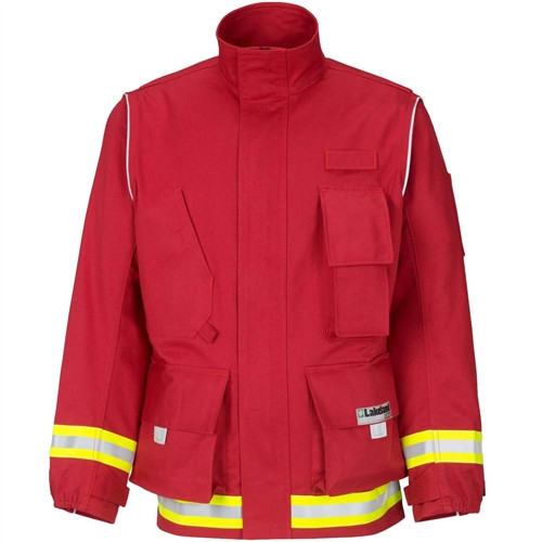 Red Lakeland 911 Series extrication coat front view with FR cotton fabric and utility storage