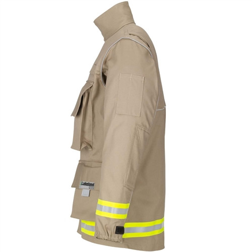Side profile of Lakeland extrication coat with reinforced elbows and utility pockets