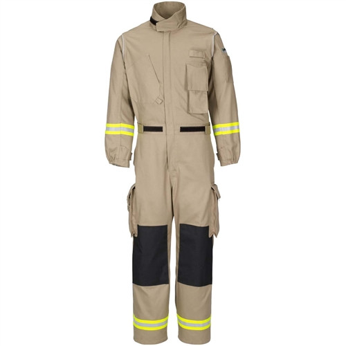Lakeland rescue coverall in tan with FR cotton fabric and lime yellow reflective striping