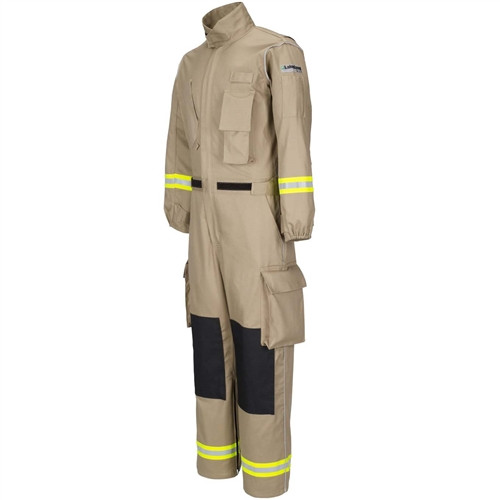 Side profile of Lakeland extrication coverall with expansion cargo pockets and ergonomic sleeves