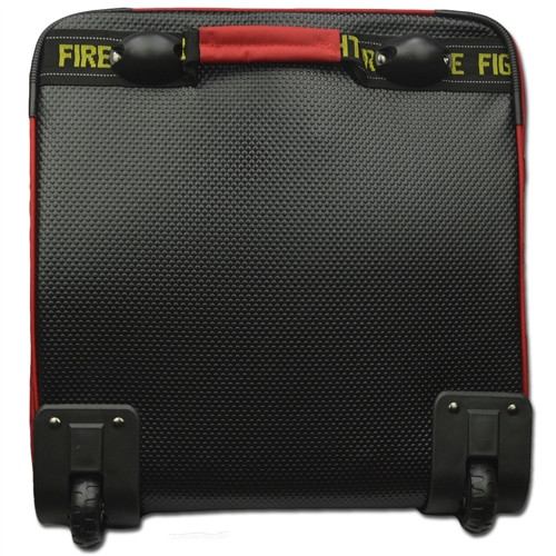 The Lightning X firefighter gear bag with wheels features a fully molded base, retractable handle, and reinforced construction for transporting full turnout gear with ease.