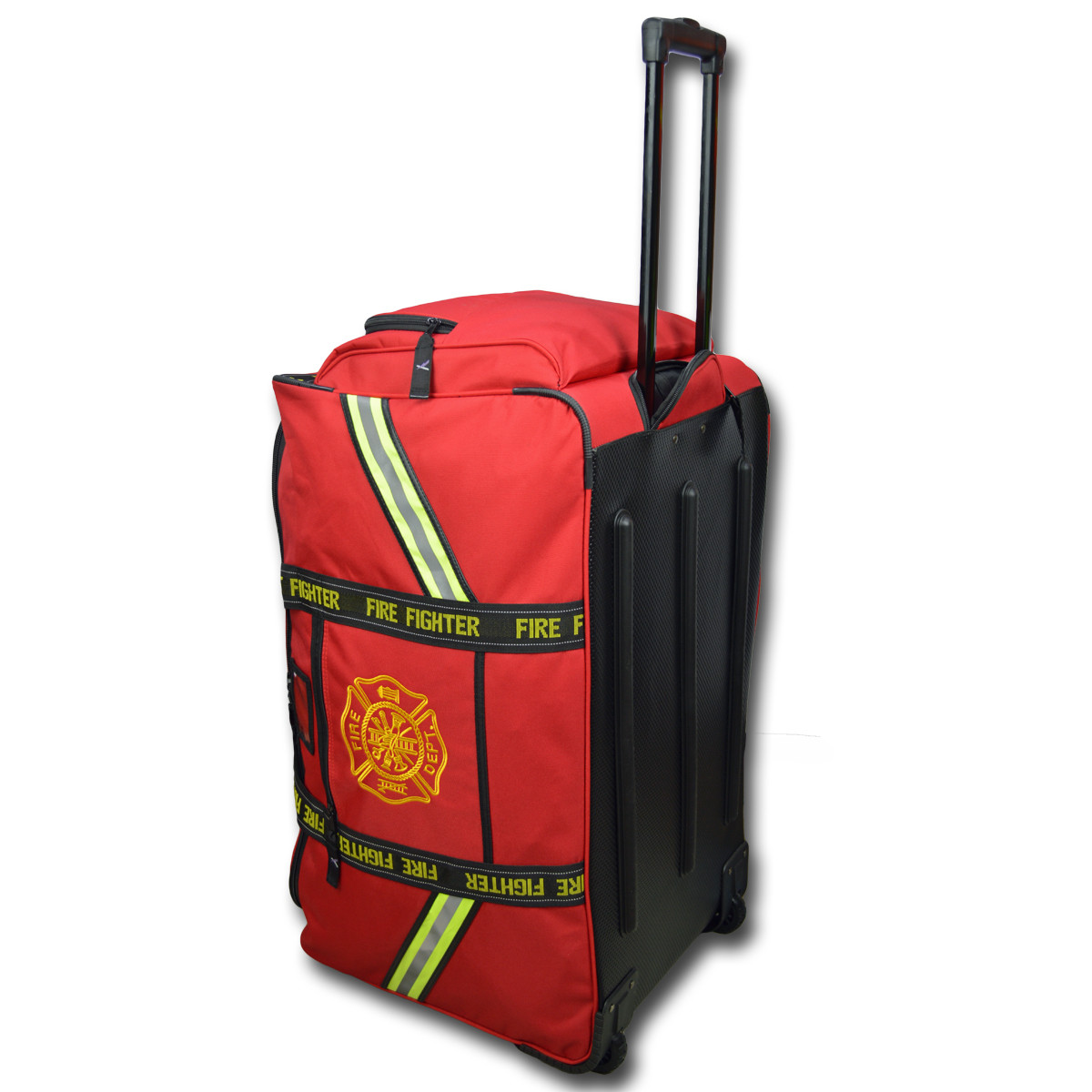 The Lightning X firefighter gear bag with wheels features a fully molded base, retractable handle, and reinforced construction for transporting full turnout gear with ease.