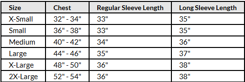 Veridian Technical Rescue Utility Coat size chart