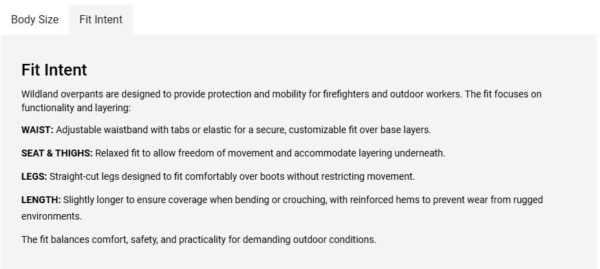 Propper Wildland Overpant fit intent information