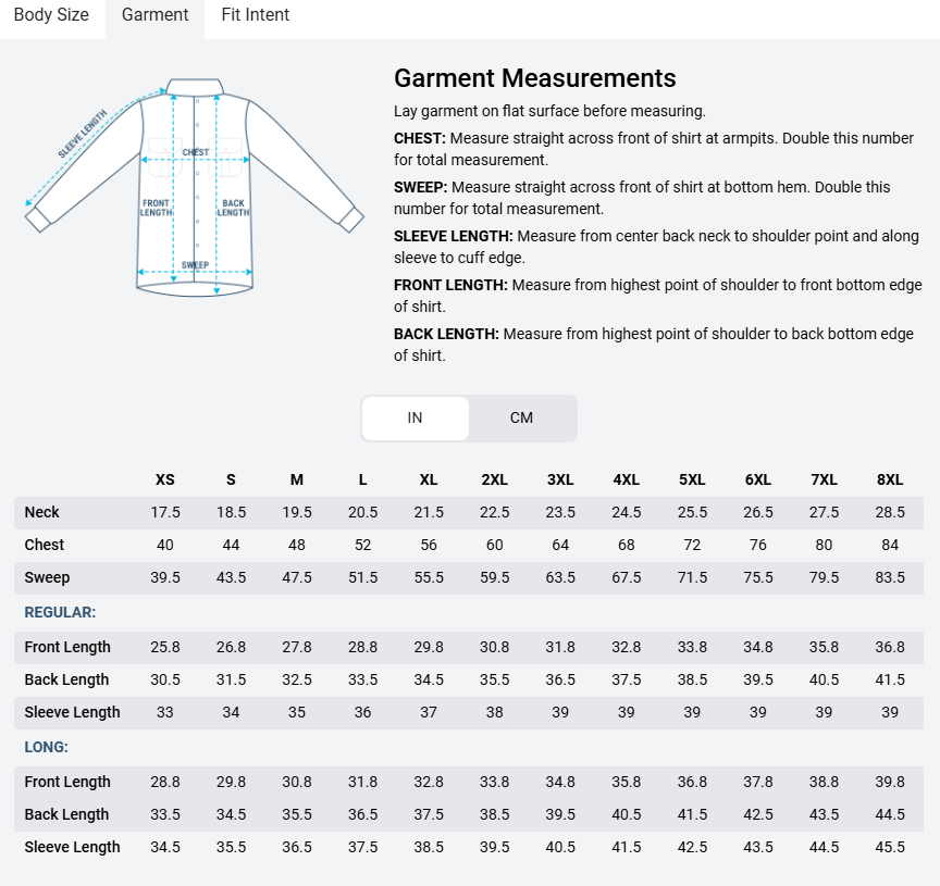 Propper Wildland Shirt garment measurement chart