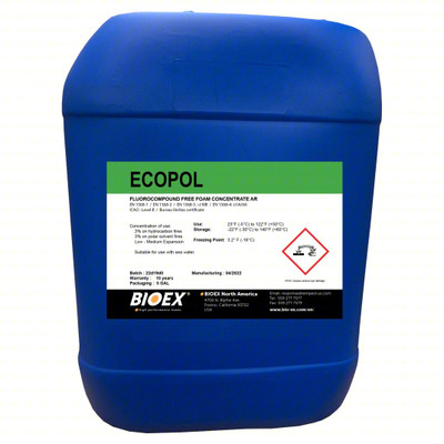 BIO-EX Firefighting Foam: ECOPOL, Class A and Class B fires, Alkyl Betaine/Ethanol/Lauryl Alcohol - 5 gallon