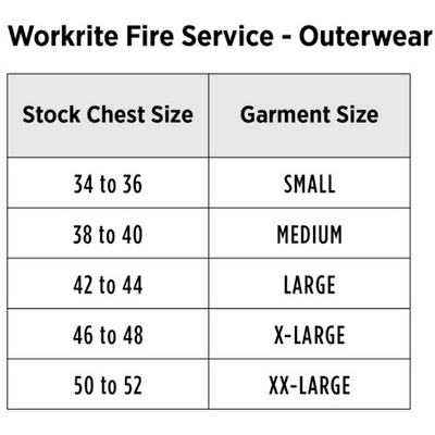 Workrite Men's Wildland-Urban Relaxed Fit Wildland Jacket size chart