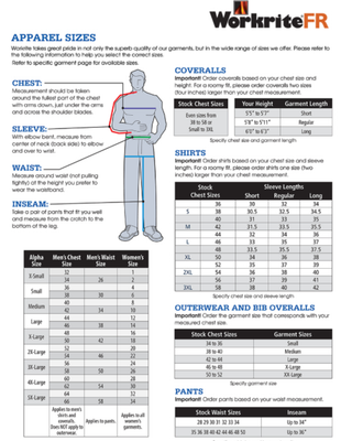 workrite fr size chart for diamond quilter jacket
