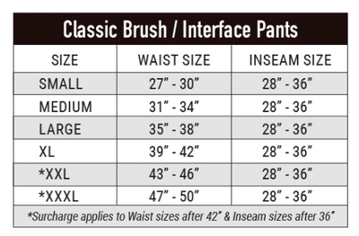 crew boss dual compliant brush pant size chart