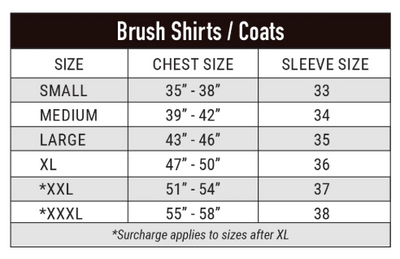 CREWBOSS SIZE CHART for traditional brush shirt tecasafe yellow