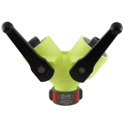 C&S Supply High Visibility 1.5″ female inlet x two 1″ male outlet wye valve green reflective wildland finish