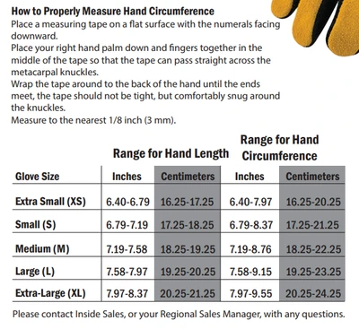 Veridian Wildland Firefighter Gloves measuring guide