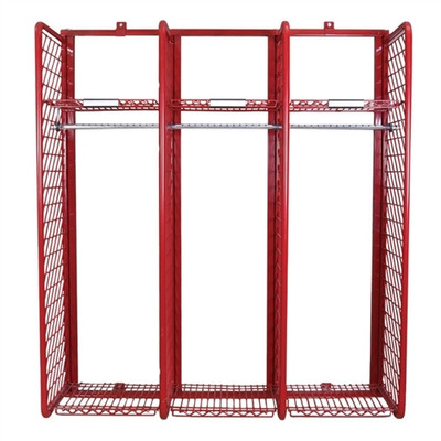 Fire station red rack gear storage system from Ready Rack at Firepenny, designed to organize firefighter PPE.