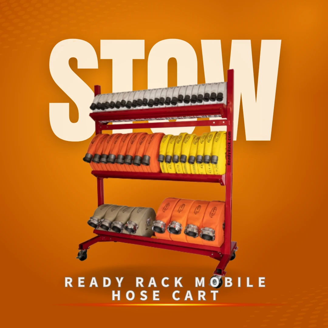 firepenny sells ready rack for fire stations. pictured ready rack mobile hose cart