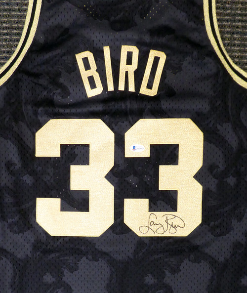 Boston Celtics Larry Bird Autographed Black Mitchell & Ness Gold Toile Swingman Jersey Size L Beckett BAS Stock #177715