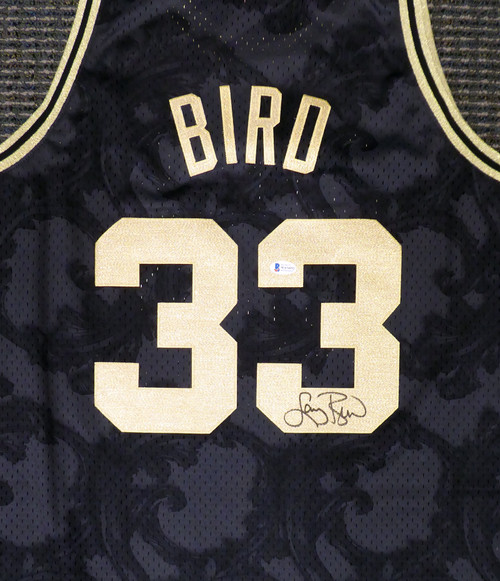 Boston Celtics Larry Bird Autographed Black Mitchell & Ness Gold Toile Swingman Jersey Size XL Beckett BAS Stock #177716