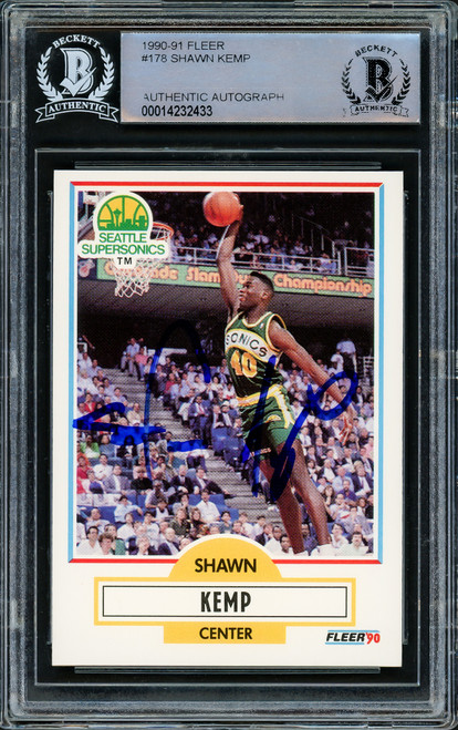 Shawn Kemp Autographed 1990-91 Fleer Rookie Card #178 Seattle Super Sonics Beckett BAS Stock #182002