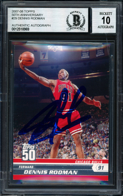 Dennis Rodman Autographed 2007-08 Topps 50th Anniversary Card #29 Chicago Bulls Auto Grade 10 Beckett BAS Stock #184808