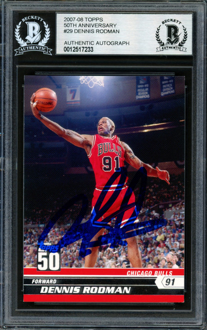 Dennis Rodman Autographed 2007-08 Topps 50th Anniversary Card #29 Chicago Bulls Signed In Blue Beckett BAS Stock #185028