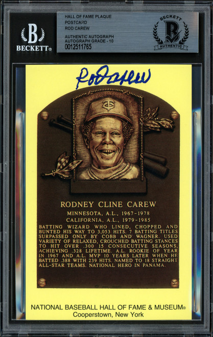 Rod Carew Autographed HOF Plaque Postcard Minnesota Twins Auto Grade 10 Beckett BAS Stock #186138