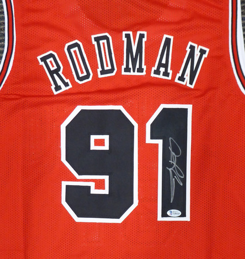 Chicago Bulls Dennis Rodman Autographed Red Jersey Beckett BAS Stock #187467