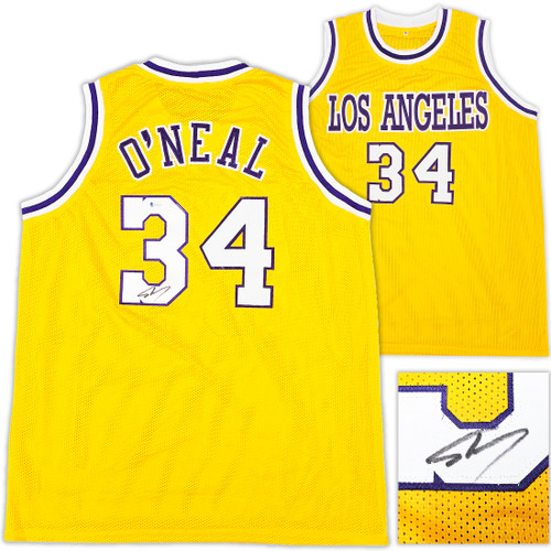 Los Angeles Lakers Shaquille Shaq O'Neal Autographed Yellow Jersey On 3 Beckett BAS Stock #191014