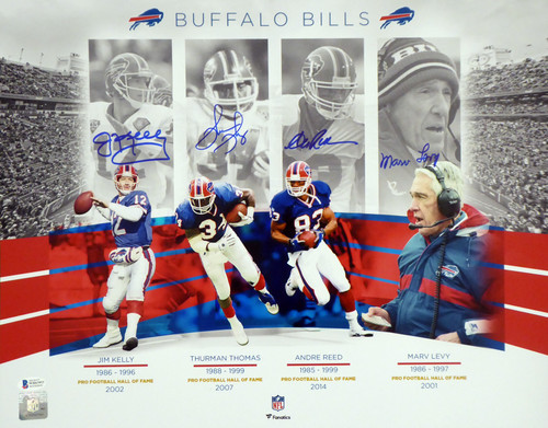 Buffalo Bills Team Greats Autographed 16x20 Photo With 4 Signatures Including Jim Kelly, Thurman Thomas, Andre Reed & Marv Levy Beckett BAS Stock #191970
